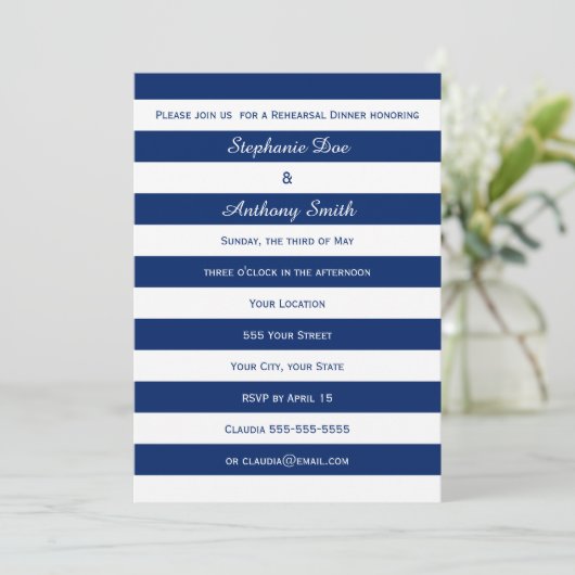 Royal Blue Strip Probe Dinner Einladung (Stehend Vorderseite)