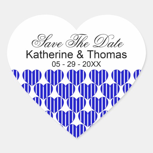 Royal Blue Striped Hearts Save the Date Stickers (Vorderseite)