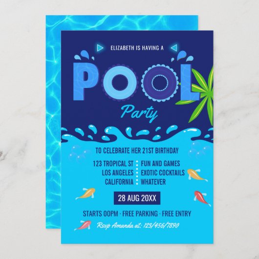 Royal Blue Summer Pool Birthday Party Einladung (Vorne/Hinten)