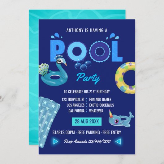 Royal Blue Summer Pool Birthday Party Einladung (Vorne/Hinten)