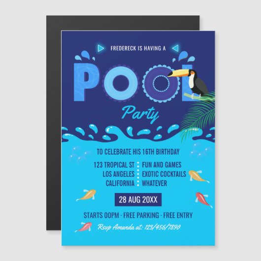 Royal Blue Summer Pool Birthday Party Magneteinladung (Vorne/Hinten)