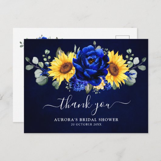 Royal Blue Sunflower Brautparty Danke, Postc Postkarte (Vorne/Hinten)