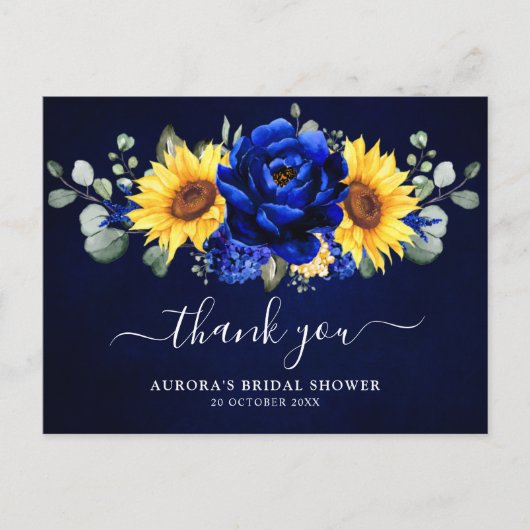 Royal Blue Sunflower Brautparty Danke, Postc Postkarte (Vorderseite)