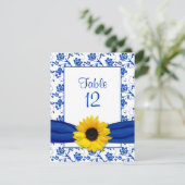 Royal Blue Sunflower Damask Wedding Table Card Dankeskarte (Stehend Vorderseite)