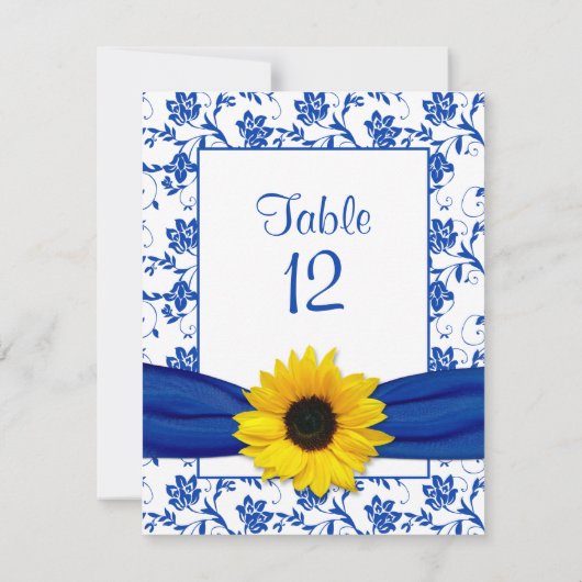 Royal Blue Sunflower Damask Wedding Table Card Dankeskarte (Rückseite)