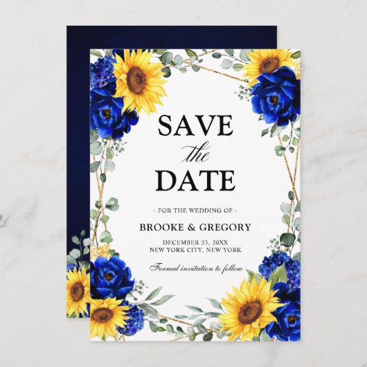 Royal Blue Sunflower Geometric Save the Date (Vorne/Hinten)