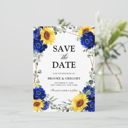 Royal Blue Sunflower Geometric Save the Date (Stehend Vorderseite)
