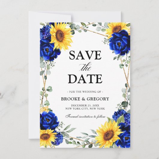 Royal Blue Sunflower Geometric Save the Date (Vorderseite)