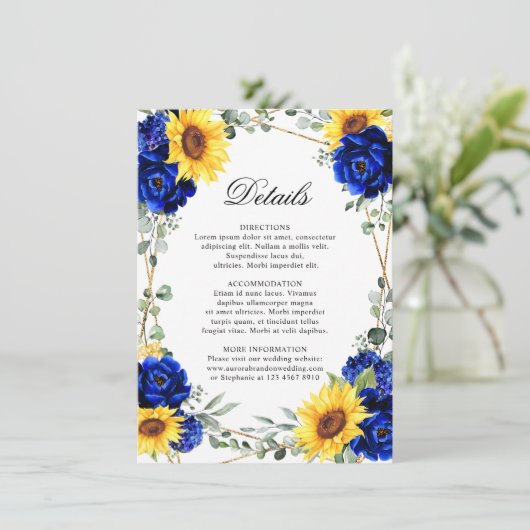 Royal Blue Sunflower Geometric Wedding Details En Begleitkarte (Stehend Vorderseite)