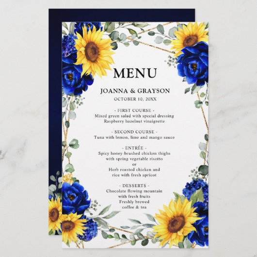Royal Blue Sunflower Geometric Wedding Menu (Vorne/Hinten)