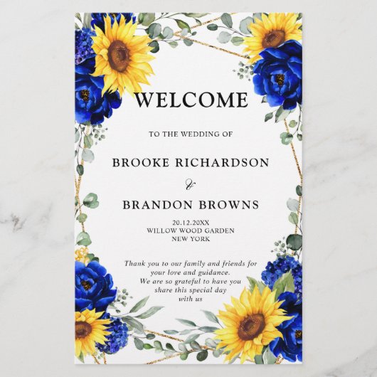 Royal Blue Sunflower Geometric Wedding Program (Vorderseite)