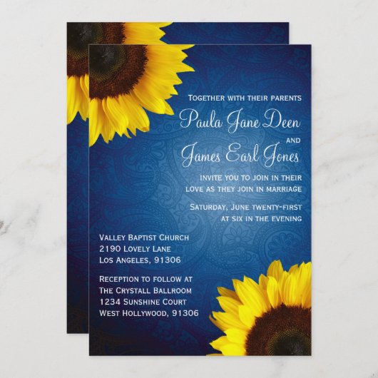Royal Blue & Sunflower Hochzeit Einladung (Vorne/Hinten)