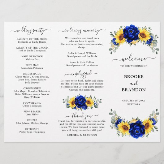 Royal Blue Sunflower Wedding Dreifach Programmkart (Vorderseite)