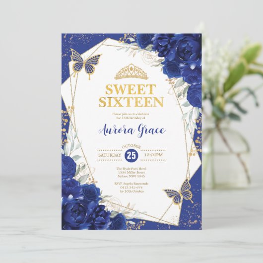 Royal Blue Sweet 16 Butterflies Geometrisches Part Einladung (Stehend Vorderseite)