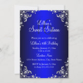 Royal Blue Sweet 16 Silver Pearl Damask Einladung (Vorderseite)