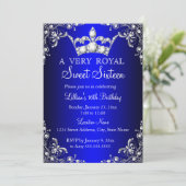 Royal Blue Sweet 16 Silver Pearl Damask Krone Einladung (Stehend Vorderseite)