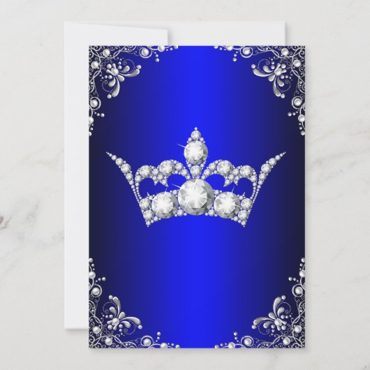 Royal Blue Sweet 16 Silver Pearl Damask Krone Einladung (Rückseite)