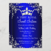 Royal Blue Sweet 16 Silver Pearl Damask Krone Einladung (Vorne/Hinten)