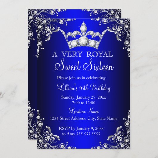 Royal Blue Sweet 16 Silver Pearl Damask Krone Einladung (Vorne/Hinten)