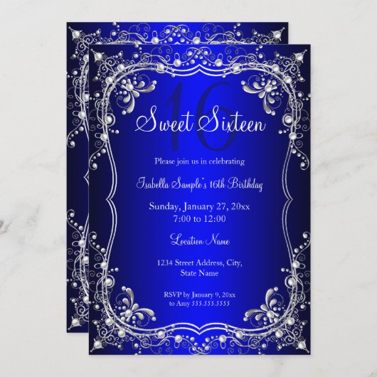 Royal Blue Sweet 16 Silver Pearl Damask Party Einladung (Vorne/Hinten)