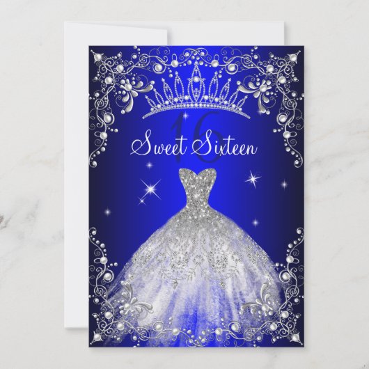 Royal Blue Sweet 16 Silver Pearl Dress Party Einladung (Vorderseite)
