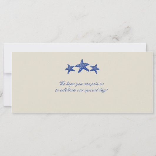 Royal Blue Tan Starfish Boarding Pass Hochzeit Einladung (Rückseite)