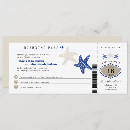 Royal Blue Tan Starfish Boarding Pass Hochzeit Einladung (Vorne/Hinten)