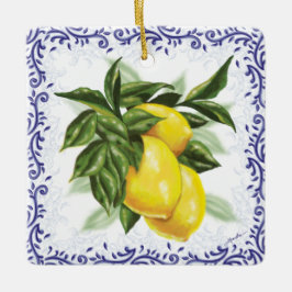 Royal Blue Toile Filigree Lemons Ornament