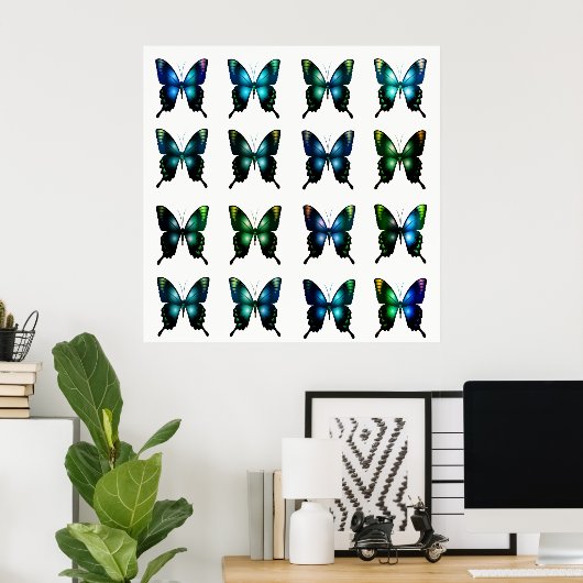 Royal Blue Türkise Elegant Whimsical Butterflies Poster (Heimbüro)