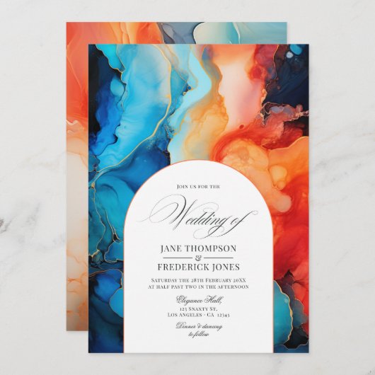 Royal Blue, Turquoise & Coral Alcohol Ink Wedding Einladung (Vorne/Hinten)