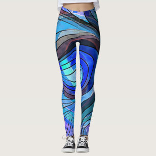 Royal Blue und Aqua Doodle mit schwarzen Linien Leggings