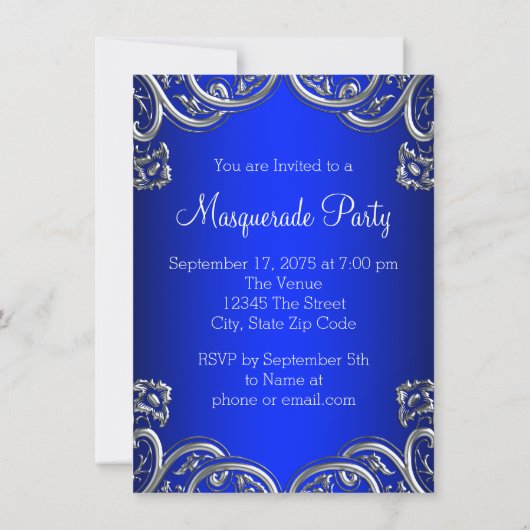 Royal Blue und Aquamarin Blue Masquerade Party Einladung (Rückseite)