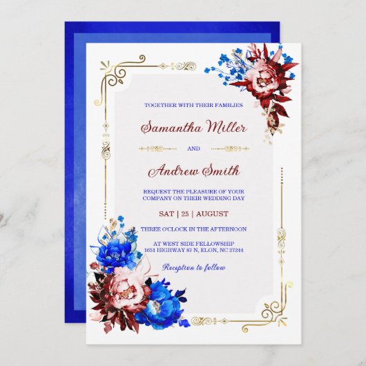 Royal Blue und Burgundy Wedding Template Einladung (Vorne/Hinten)