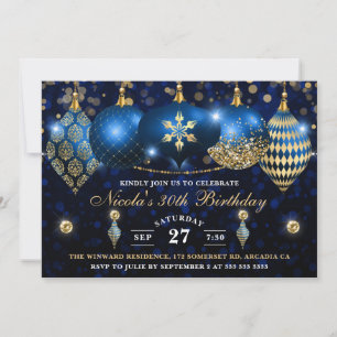 Royal Blue und Gold Christmas Baubles Geburtstag Einladung