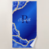 Royal Blue und Gold Elegante Marmorroute Mit Monog Strandtuch (Vorderseite)