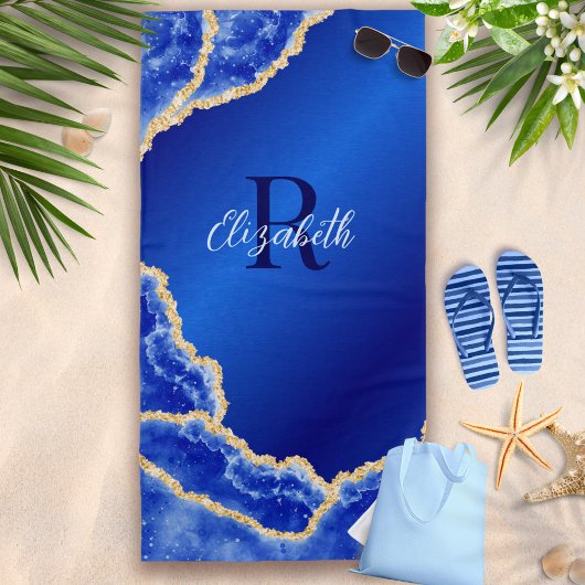 Royal Blue und Gold Elegante Marmorroute Mit Monog Strandtuch