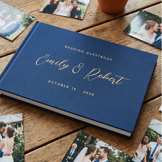 Royal Blue und Gold Elegante Script Wedding Foto Gästebuch