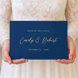 Royal Blue und Gold Elegante Script Wedding Foto Gästebuch