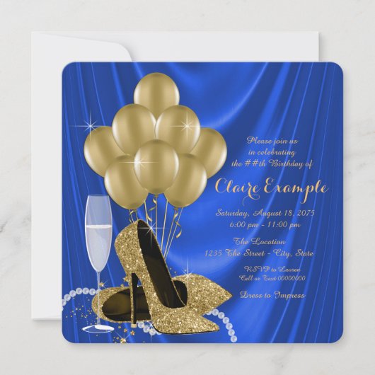 Royal Blue und Gold Geburtstagsparty Glamour Satin Einladung (Vorderseite)