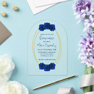 Royal Blue und Gold Geometric Quinceñera Acryleinladungen