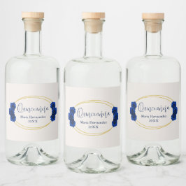 Royal Blue und Gold Geometric Quinceñera Alkoholflaschenetikett