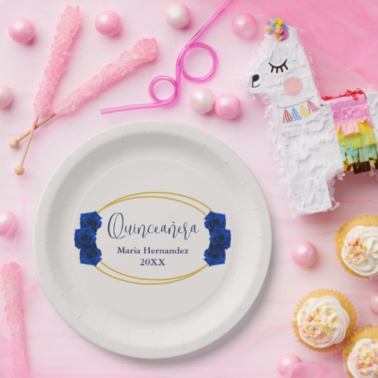 Royal Blue und Gold Geometric Quinceñera Pappteller (Party)