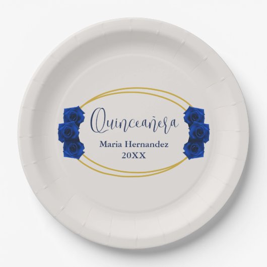 Royal Blue und Gold Geometric Quinceñera Pappteller (Vorderseite)