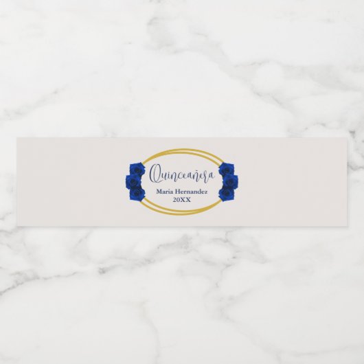 Royal Blue und Gold Geometric Quinceñera Wasserflaschenetikett (Einzelnes Label)