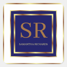 Royal Blue und Gold Monogram Geometric Quadratischer Aufkleber