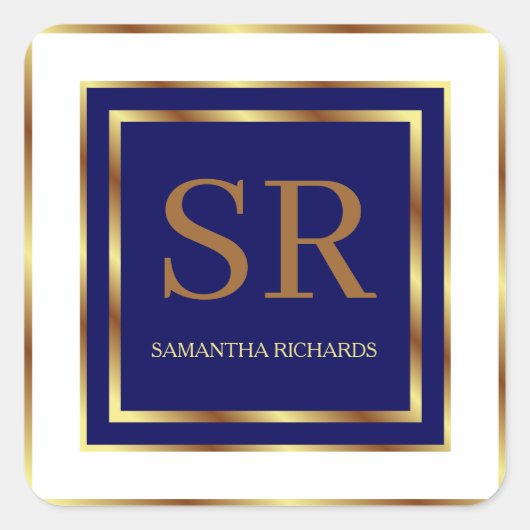 Royal Blue und Gold Monogram Geometric Quadratischer Aufkleber (Vorderseite)