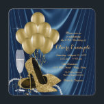 Royal Blue und Gold Party Satin Einladung<br><div class="desc">Die Geburtstagsfeier der Frau in Königsblau und Goldmedaille mit wunderschönen goldenen Glitzer-High-Heel-Schuhen, Goldballons, Champagner und Perlen auf einem luxuriösen, königsblauen Satin-Hintergrund. Diese elegante, blau-goldene Geburtstagsfeier-Einladung lässt sich einfach an Ihre Veranstaltung anpassen, indem Sie einfach Ihre Details in den Schriftart-Stil und Farbe, Wortlaut und Layout Ihrer Wahl einfügen. Sie können auch...</div>