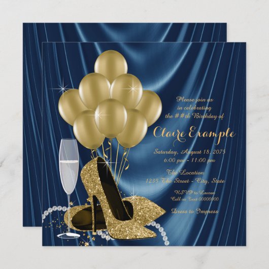 Royal Blue und Gold Party Satin Einladung (Vorne/Hinten)