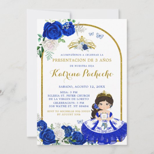Royal Blue und Gold Presentació in De Tres Añ os Einladung (Vorderseite)