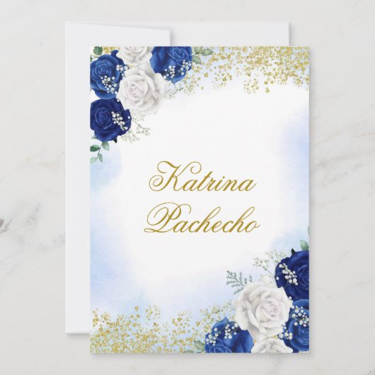 Royal Blue und Gold Presentació in De Tres Añ os Einladung (Rückseite)